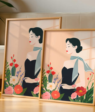 Elegant Woman with Floral Background and Scarf