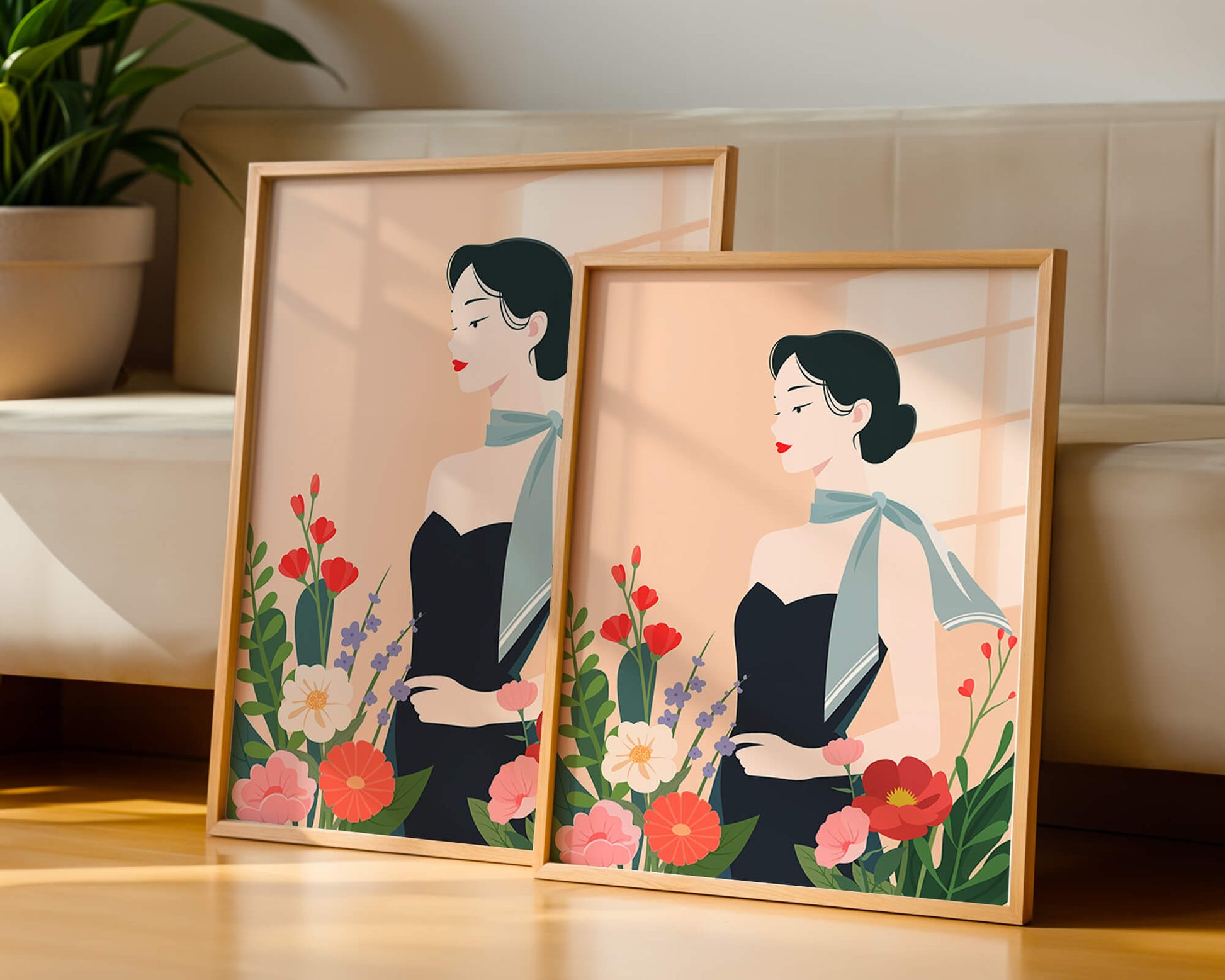 Mujer elegante con fondo floral y bufanda