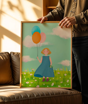 Girl with balloons in a field of daisies under a blue sky
