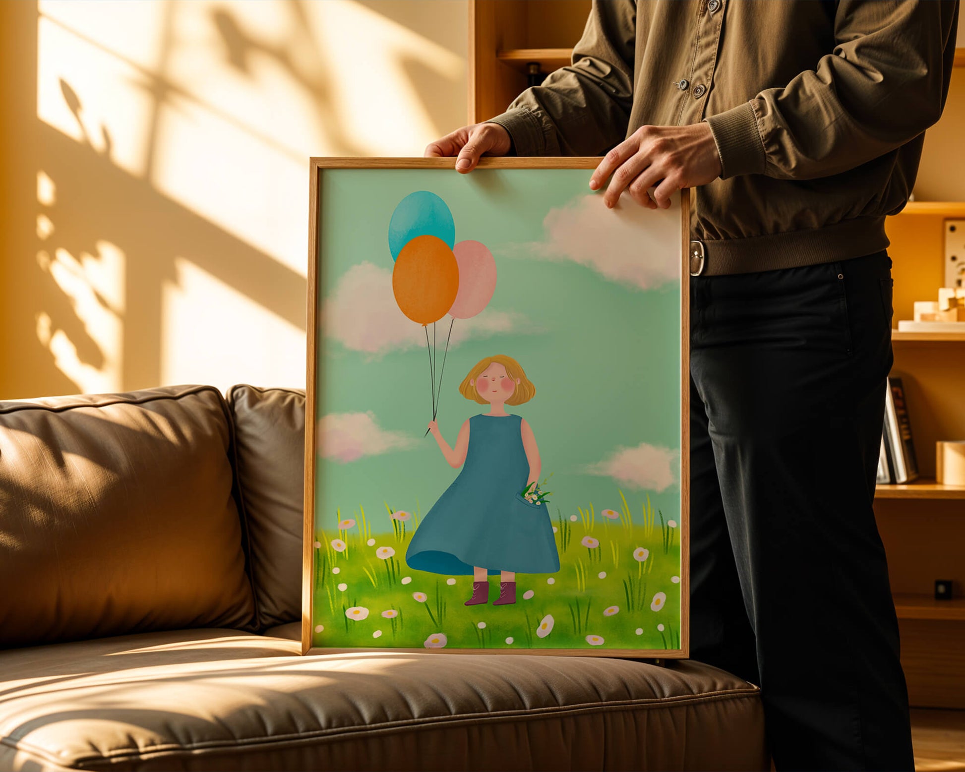 Girl with balloons in a field of daisies under a blue sky