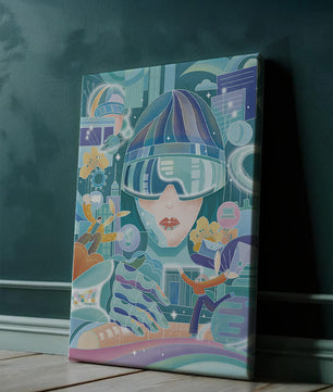 Futuristic digital art with virtual reality and technology themes