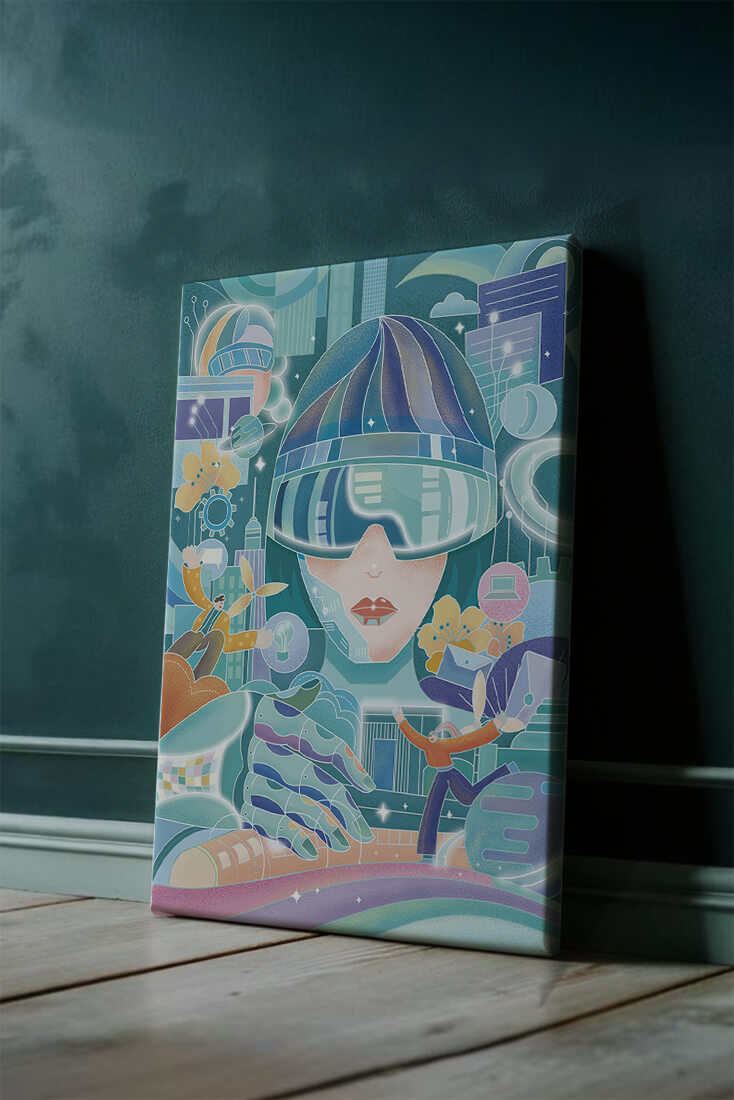 Futuristic digital art with virtual reality and technology themes