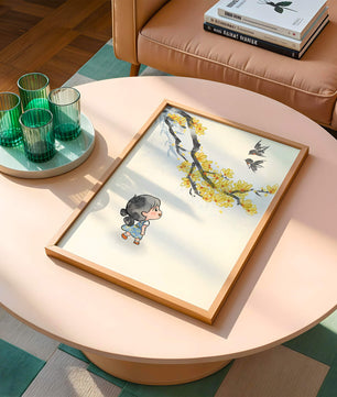 Charming illustration of a child gazing at birds and yellow blossoms