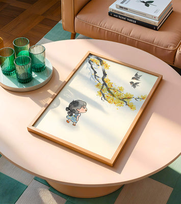 Charming illustration of a child gazing at birds and yellow blossoms
