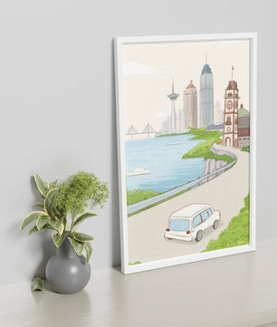 Scenic coastal cityscape with modern buildings and a classic clock tower