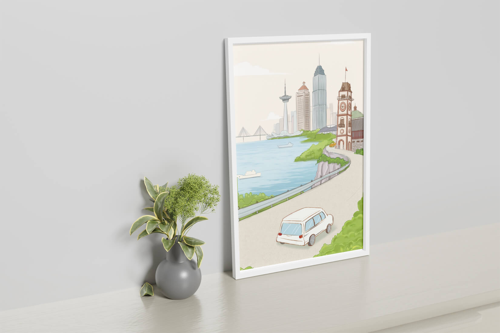 Scenic coastal cityscape with modern buildings and a classic clock tower