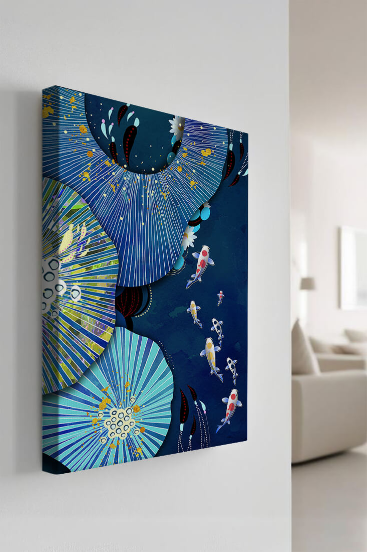 Vibrant underwater scene with koi fish and abstract floral design