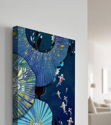 Vibrant underwater scene with koi fish and abstract floral design