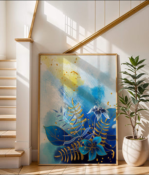 Floral illustration with blue leaves and golden accents on abstract background