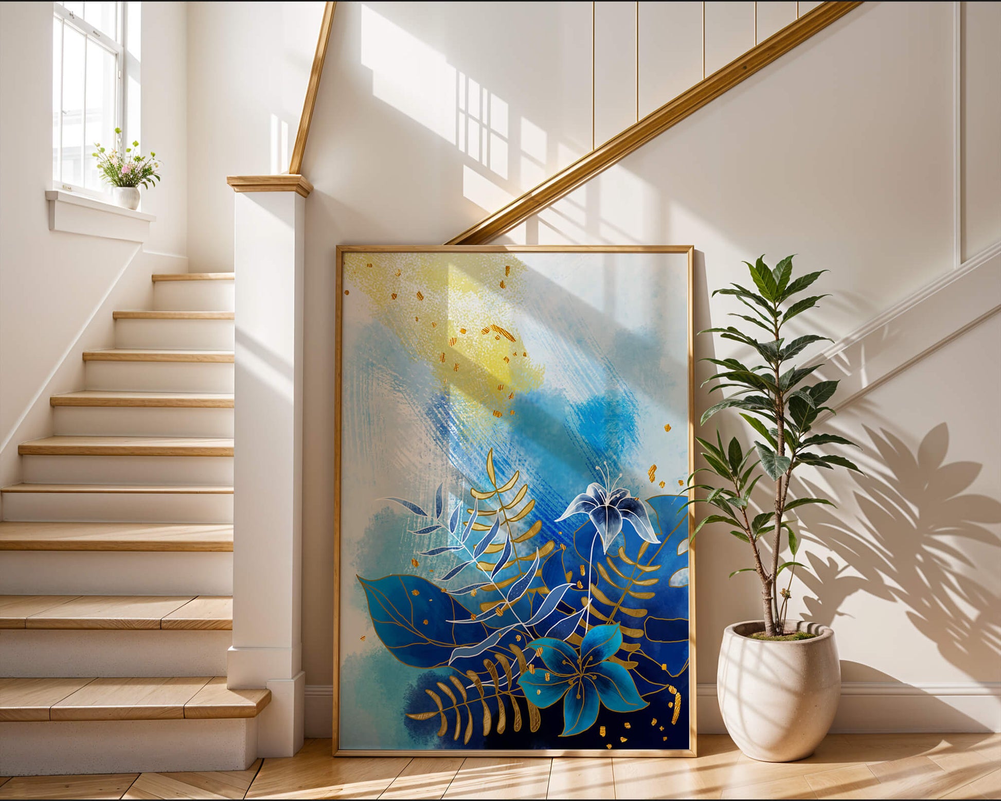 Floral illustration with blue leaves and golden accents on abstract background