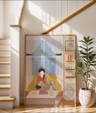 Cozy living room with a girl and a dog on a yellow sofa