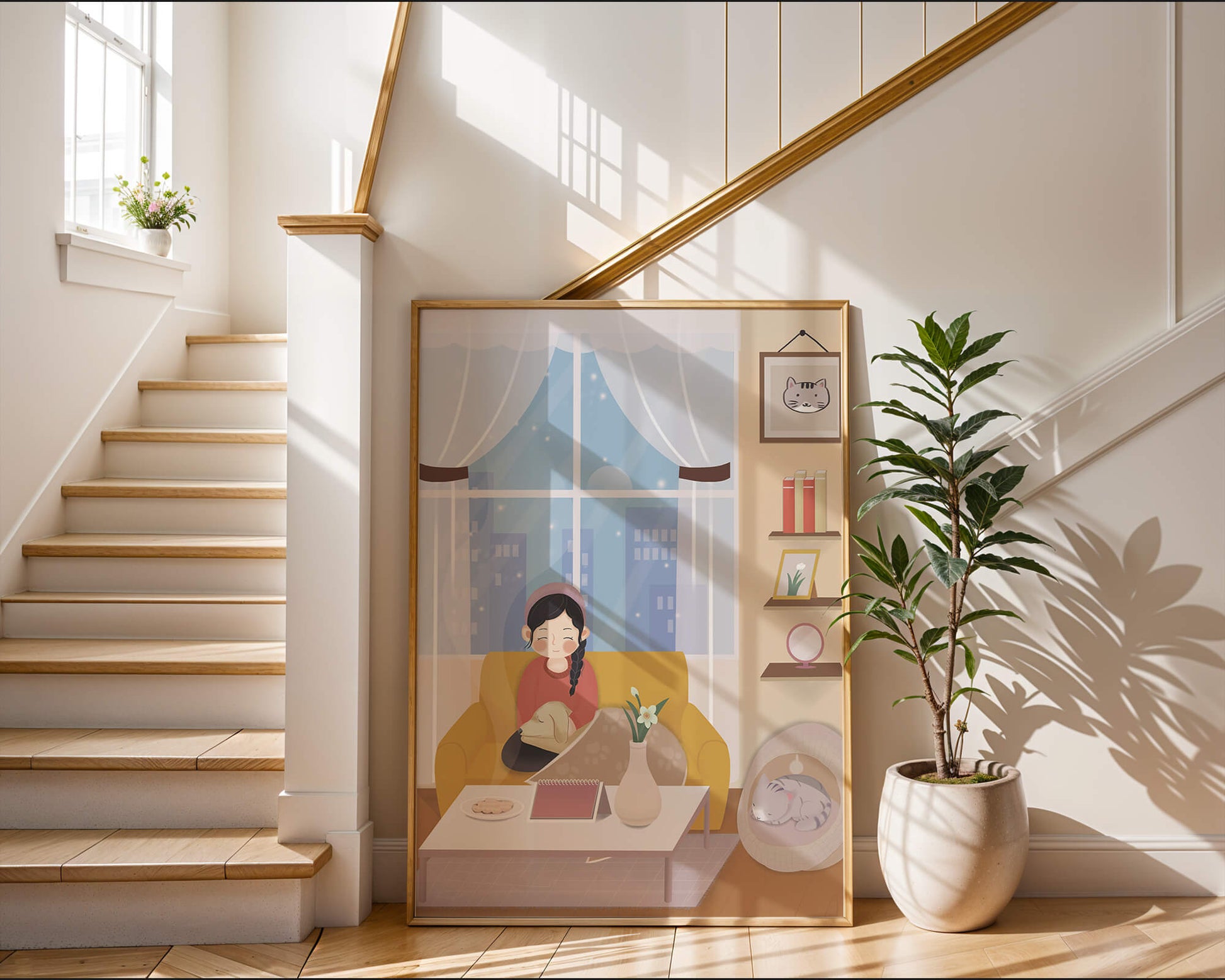 Cozy living room with a girl and a dog on a yellow sofa
