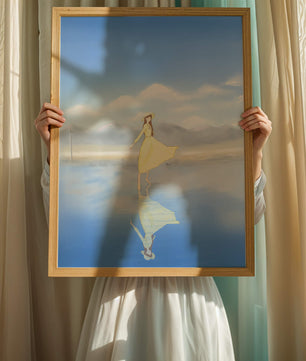 Woman in yellow dress standing on reflective water against clear sky