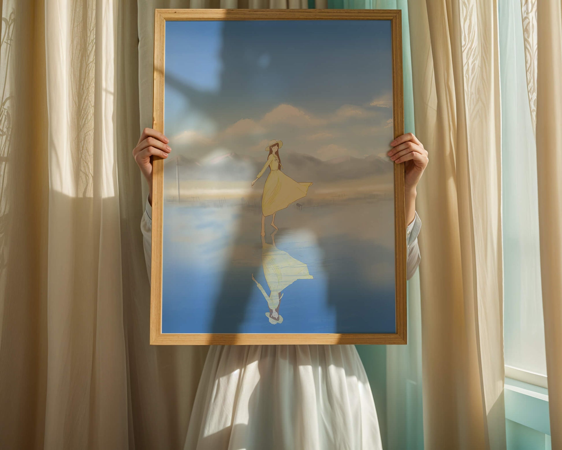 Woman in yellow dress standing on reflective water against clear sky