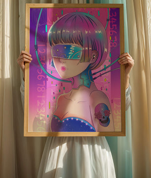 Chica cyberpunk futurista con colores neón y elementos de realidad virtual