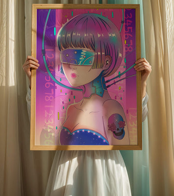 Futuristic Cyberpunk Girl with Neon Colors and Virtual Reality Elements