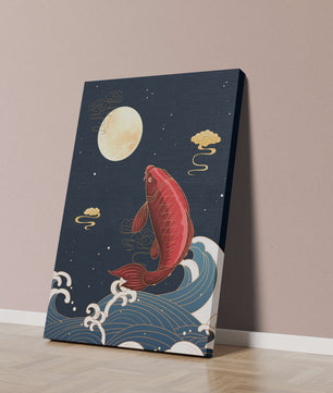 Traditional Japanese koi fish art with moonlit waves and clouds