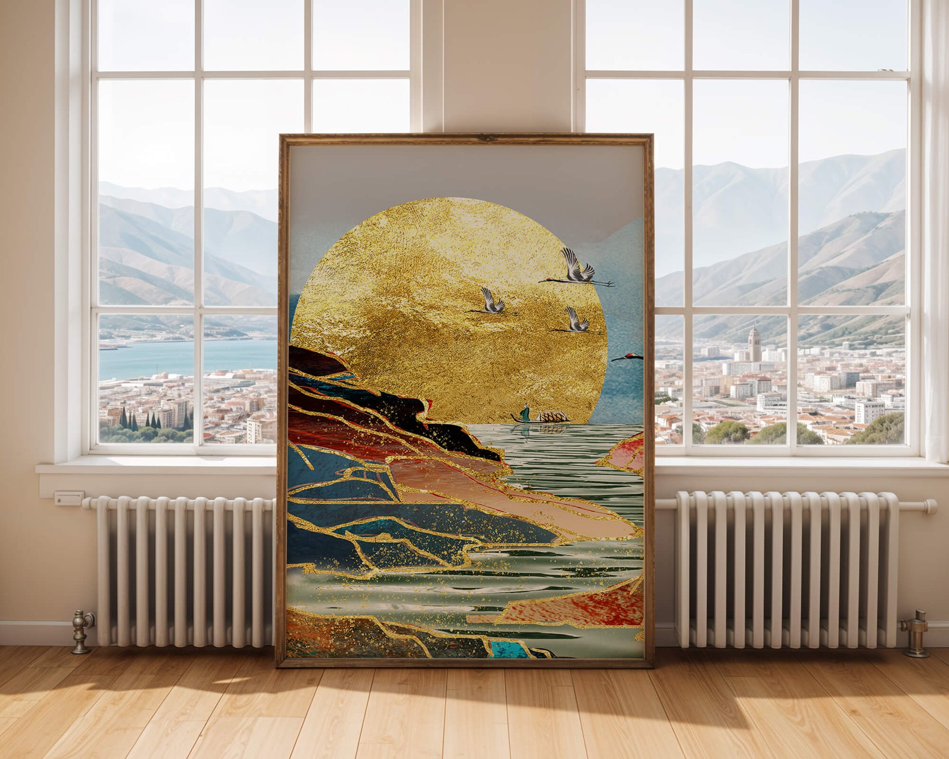Majestic Golden Sun with Birds over Serene Landscape