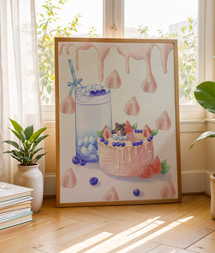 Escena de postre caprichosa con pastel y bebida con acentos juguetones
