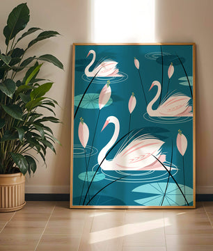 Serene illustration of swans gracefully gliding on a pond with lily pads