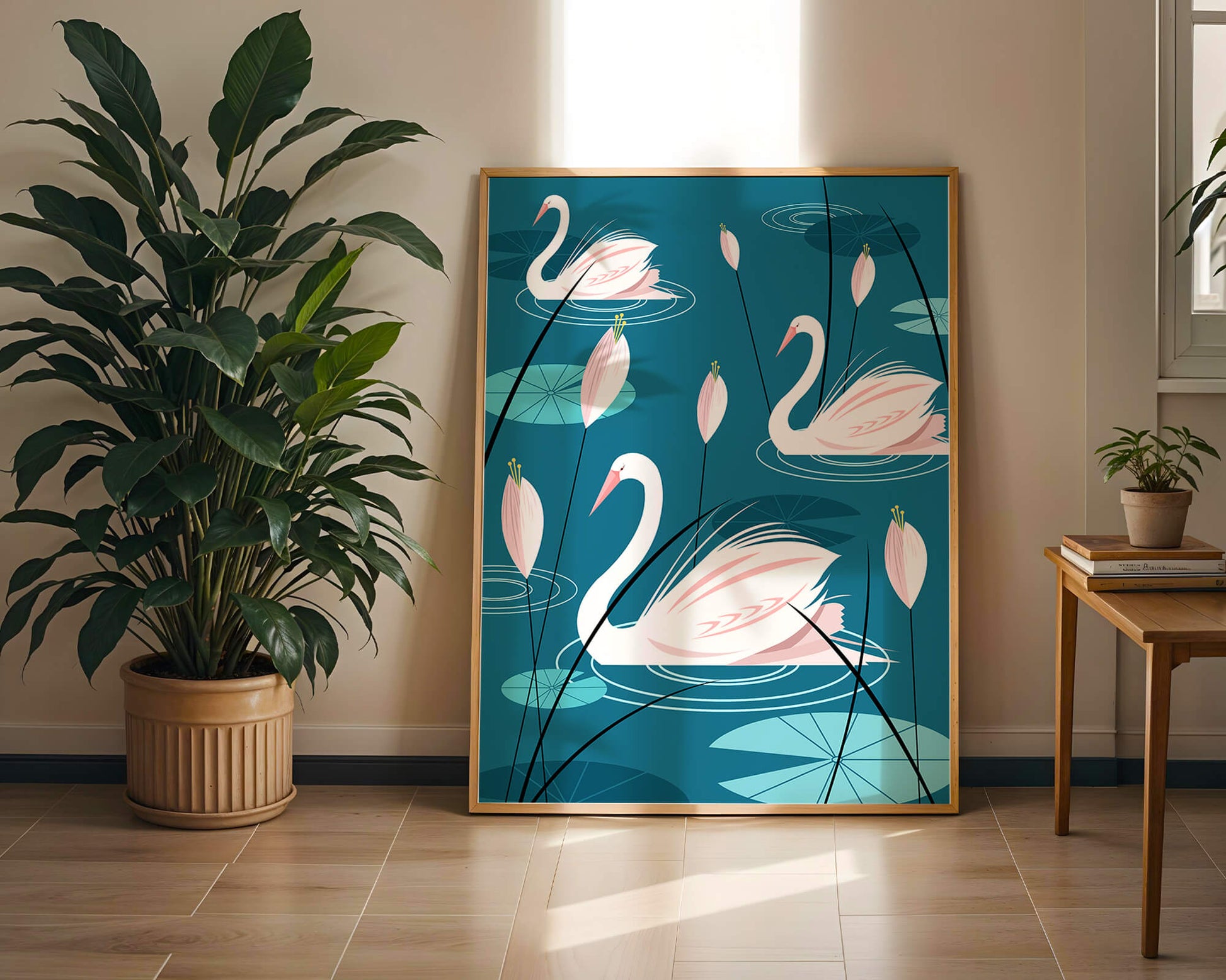 Serene illustration of swans gracefully gliding on a pond with lily pads