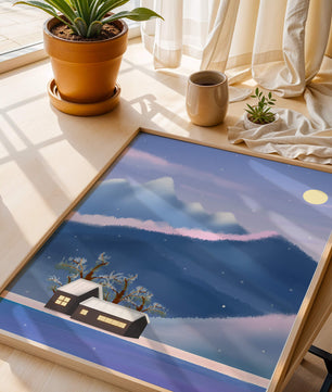 Paysage de montagne enneigée avec des maisons et des arbres sous la lumière de la lune