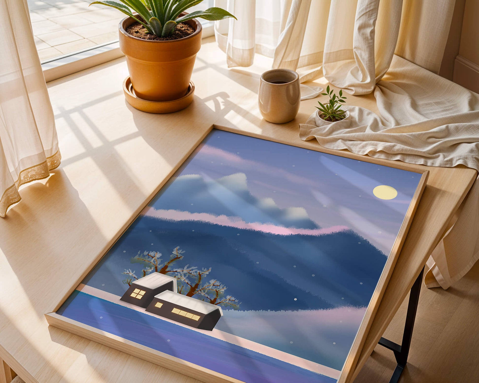 Paysage de montagne enneigée avec des maisons et des arbres sous la lumière de la lune