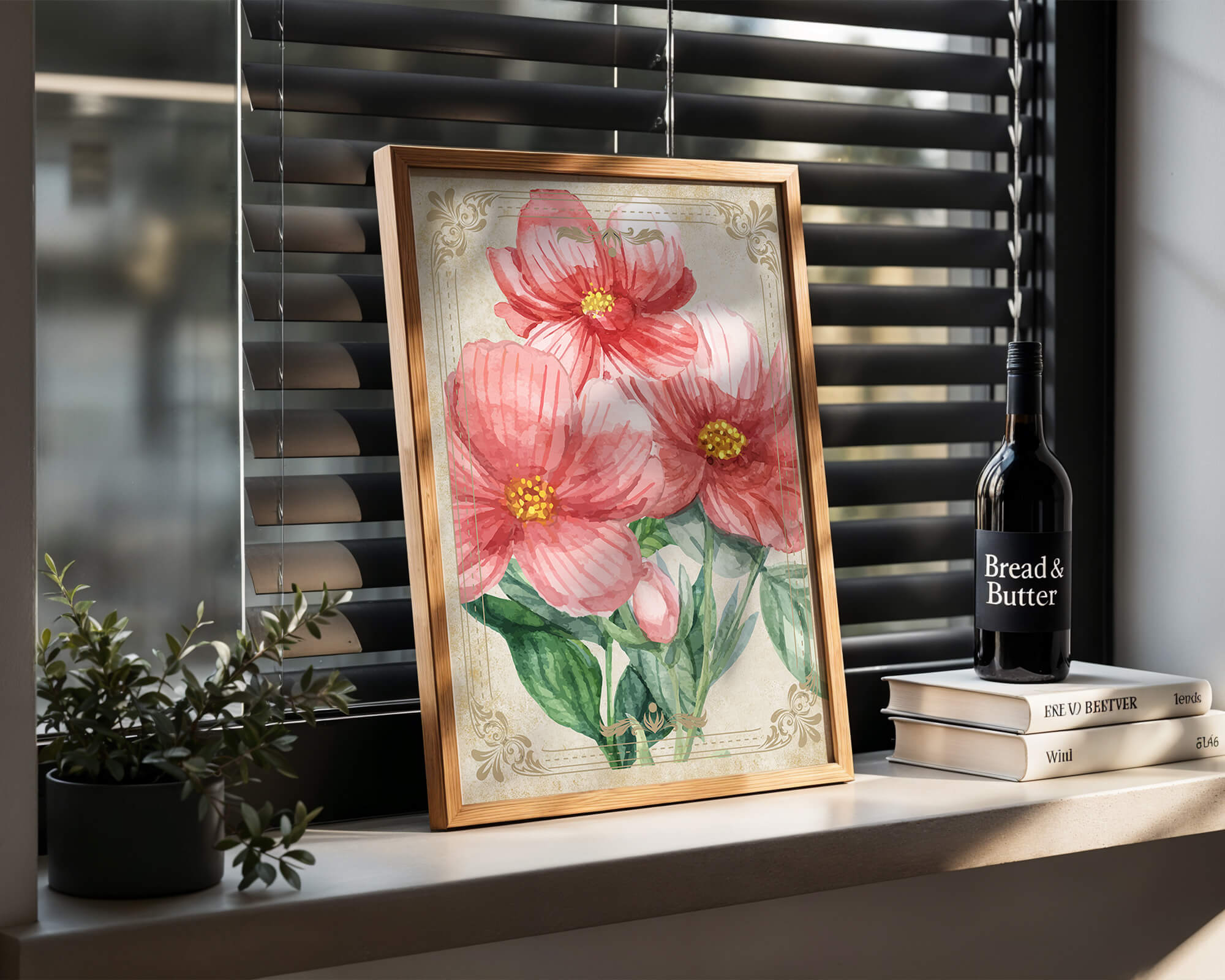 Watercolor floral illustration with pink blooms and green foliage