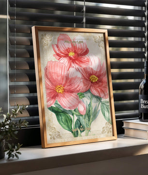 Watercolor floral illustration with pink blooms and green foliage
