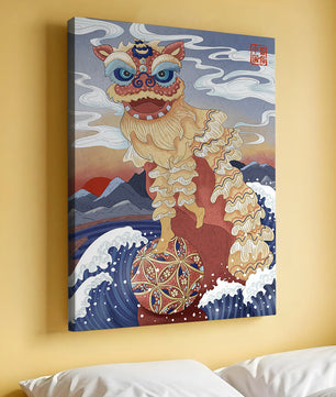 Traditionelle chinesische Löwentanzkunst mit malerischem Hintergrund