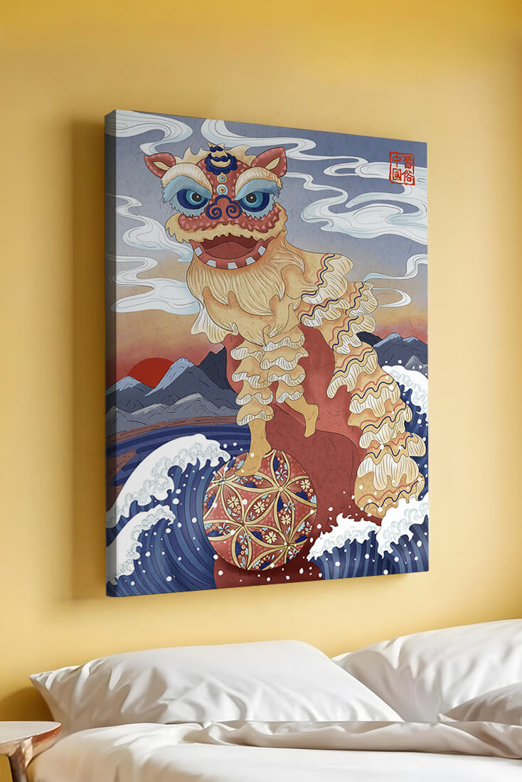 Traditionelle chinesische Löwentanzkunst mit malerischem Hintergrund