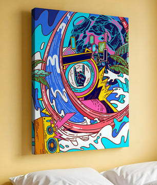 Vibrant abstract art with waves and neon elements