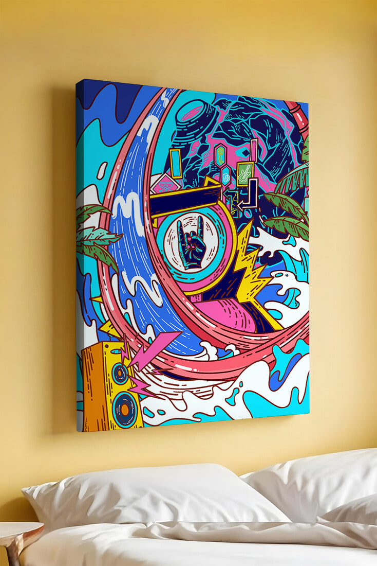 Vibrant abstract art with waves and neon elements