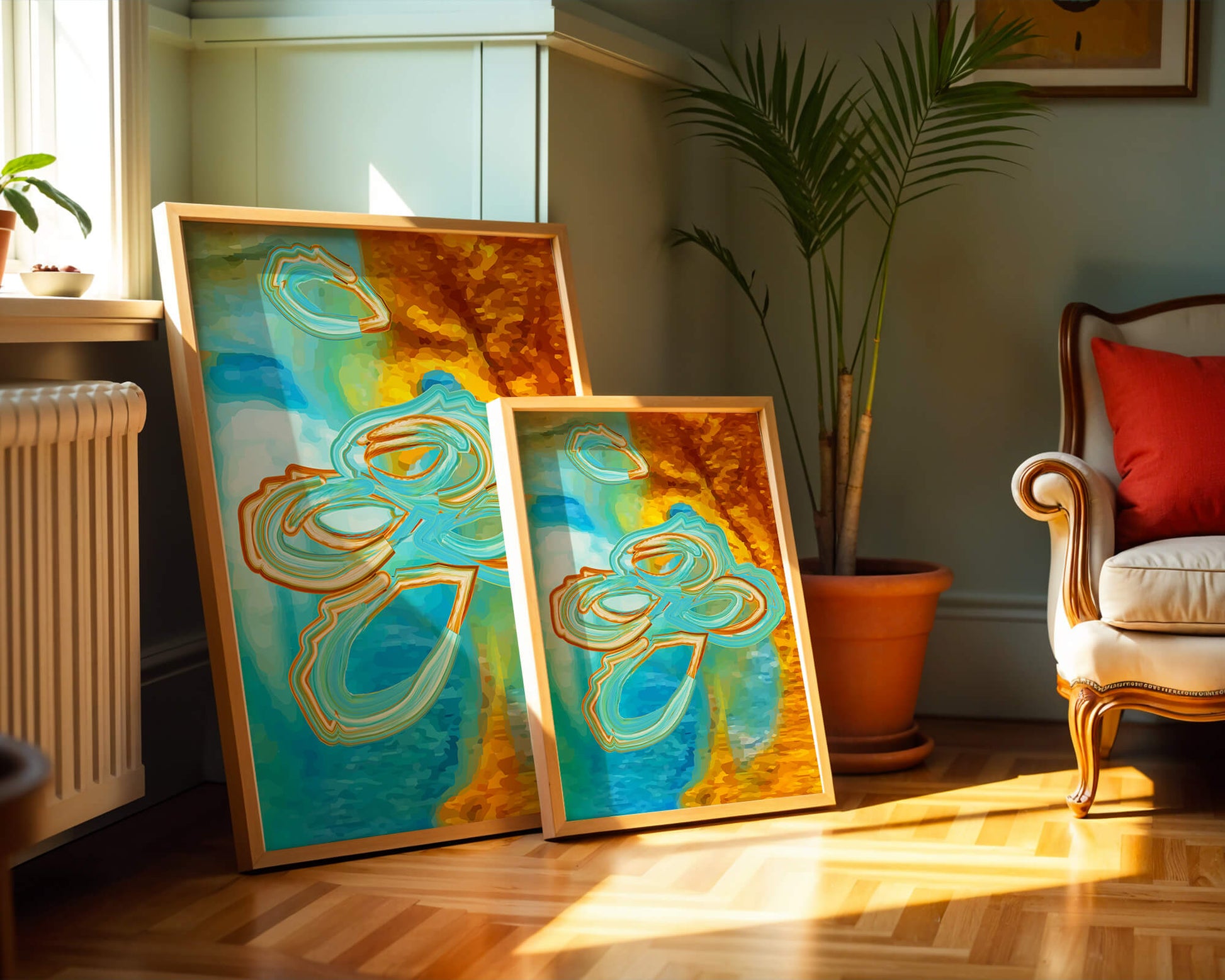 Abstract vibrant swirls in blue and orange colors