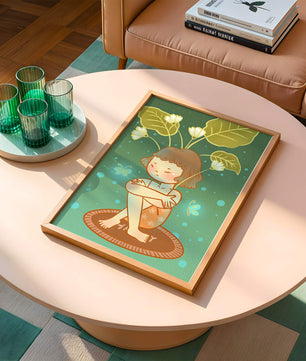 Ilustración de un niño con tocado floral y mariposas