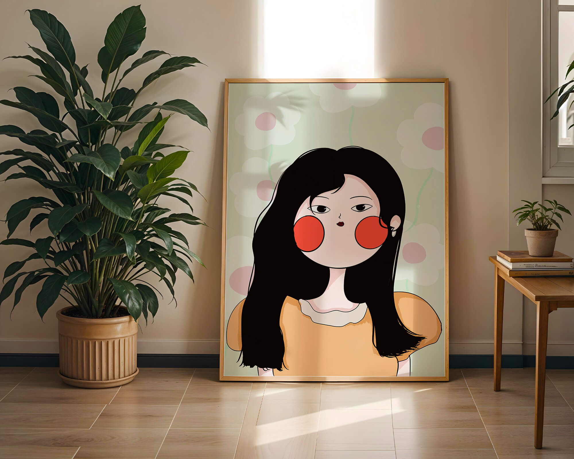 Charming illustration of a young woman with floral background