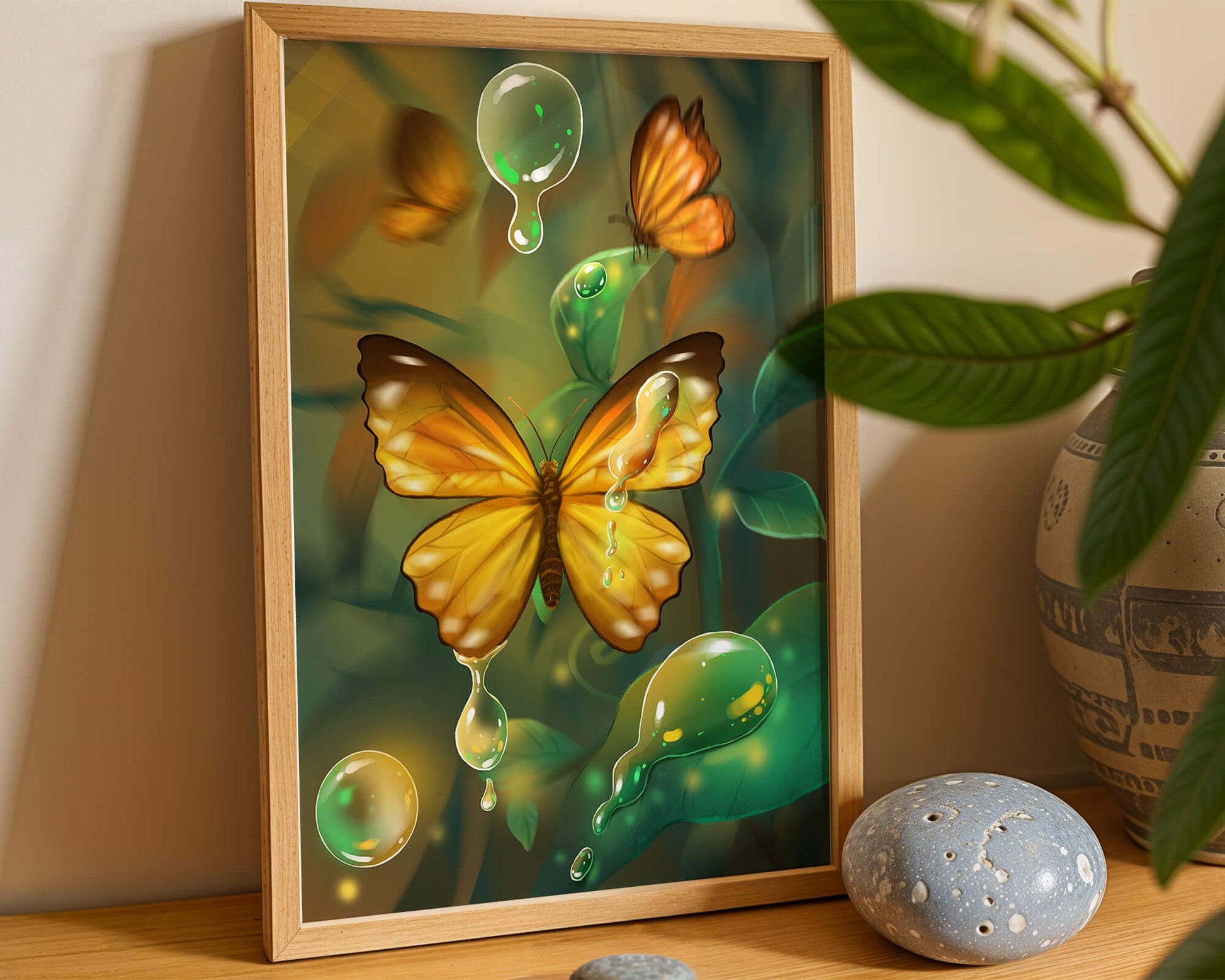 Butterflies Among Dewdrops in a Serene Forest Setting