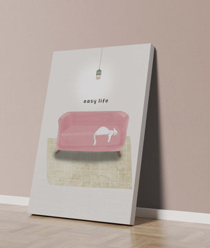 Minimalist Interior with Pink Sofa and Relaxed White Cat