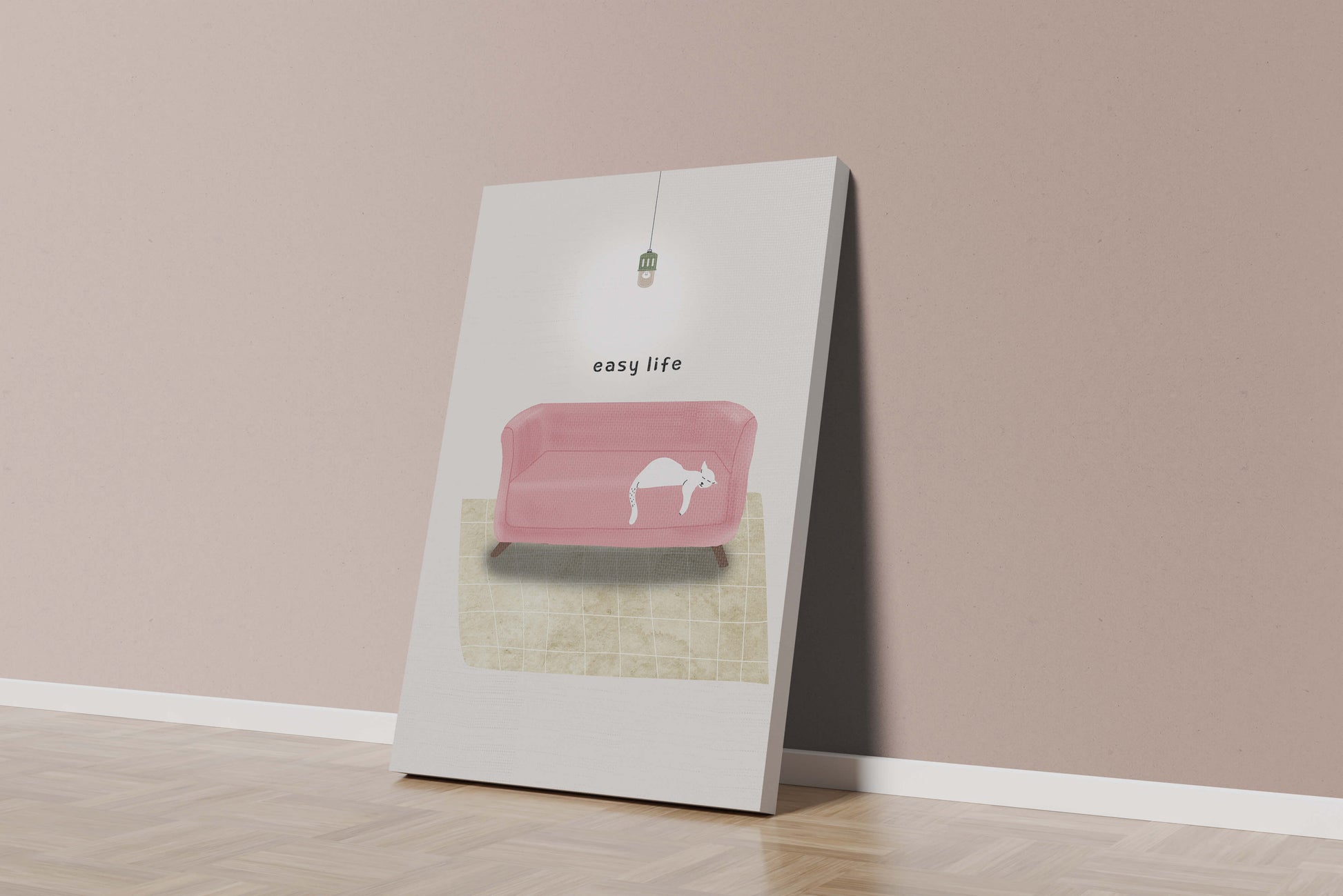 Interior minimalista con sofá rosa y gato blanco relajado