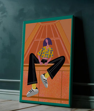Stylish woman sitting in a vibrant geometric setting