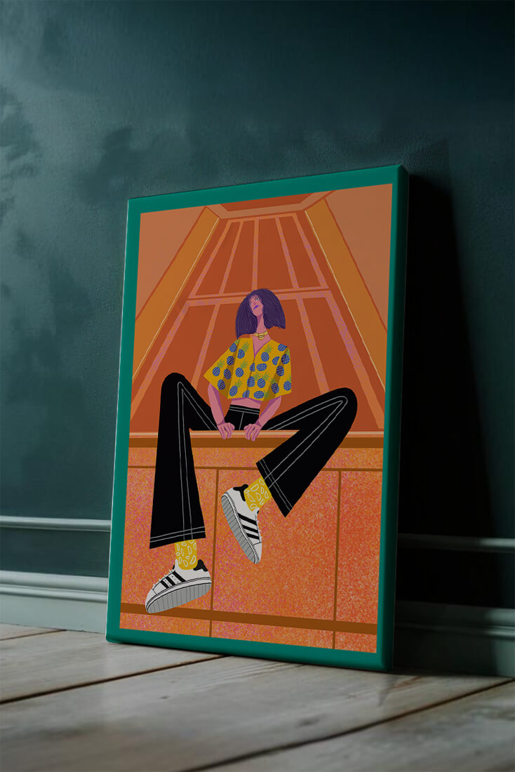 Stylish woman sitting in a vibrant geometric setting