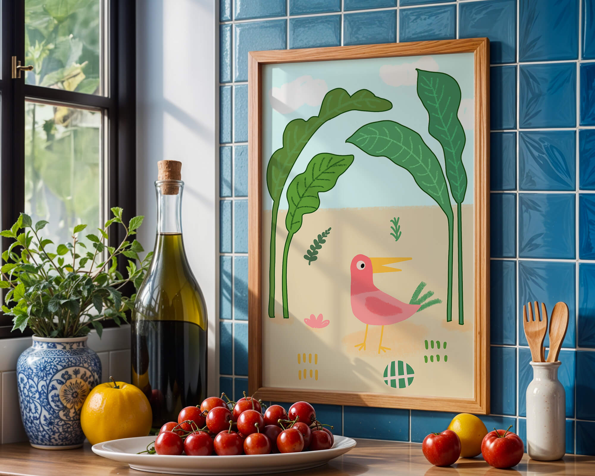 Colorful bird with large leaves and playful design