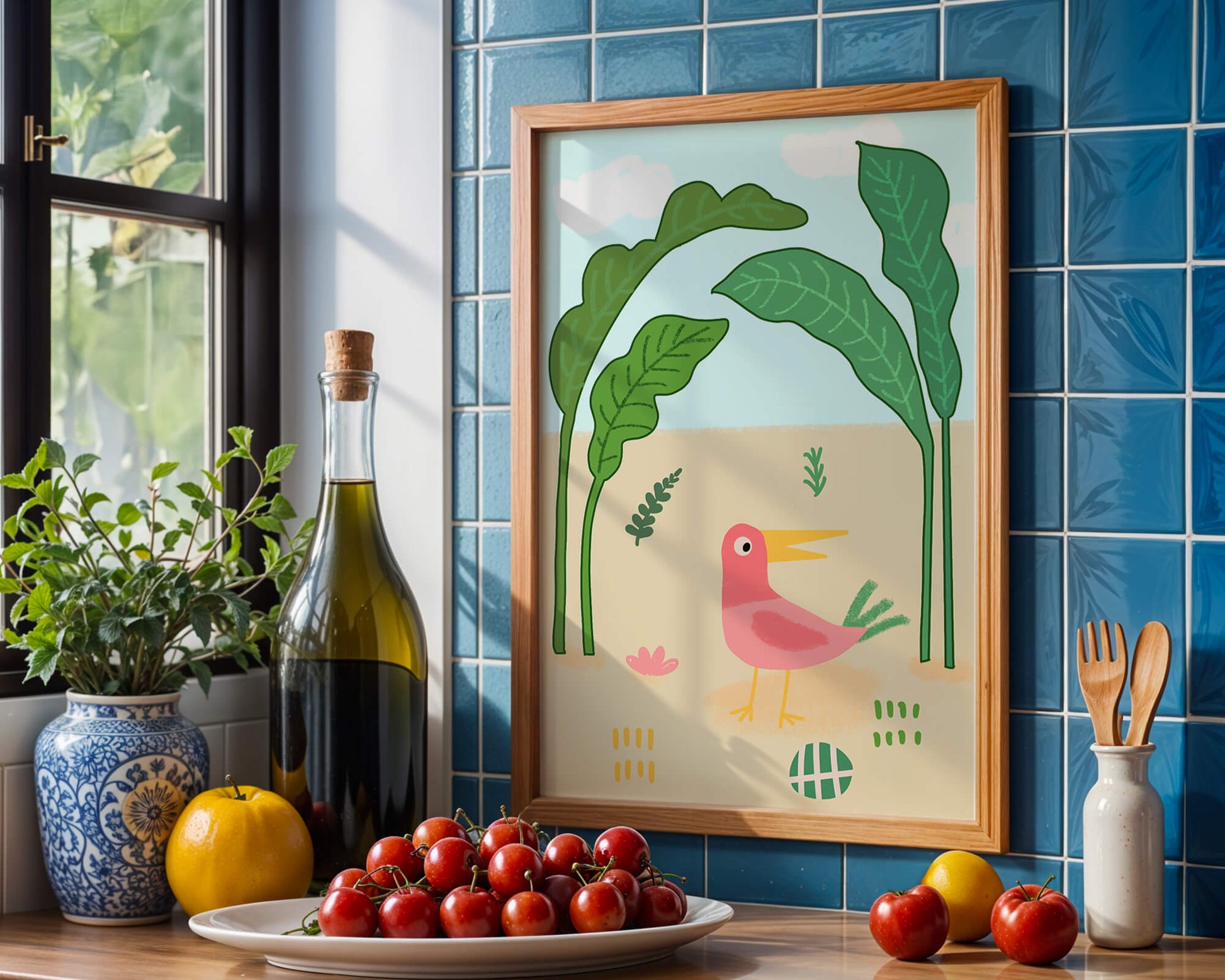Colorful bird with large leaves and playful design