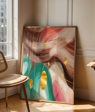 Diseño abstracto de remolinos coloridos con círculos dorados