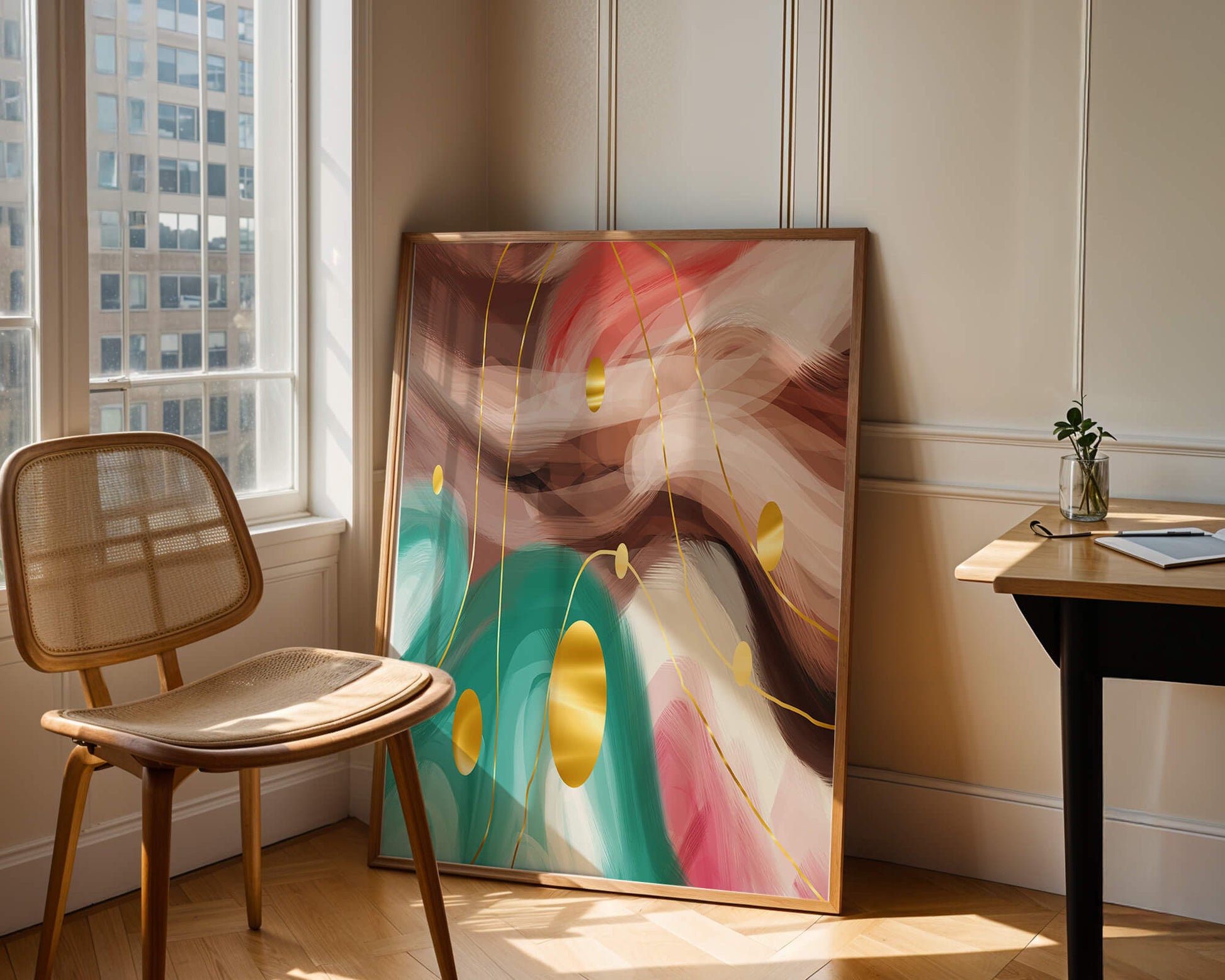 Abstract colorful swirl design with golden circles
