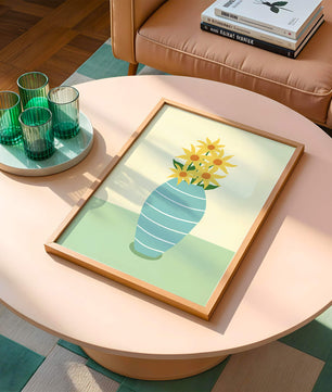 Yellow Sunflowers in a Blue Striped Vase on a Minimalist Background - Mi tienda