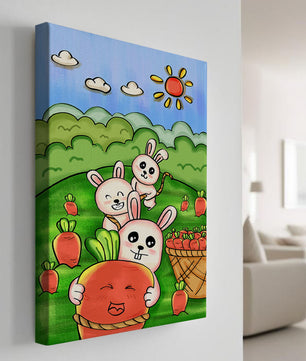 Illustration de lapins espiègles avec des carottes dans un champ ensoleillé