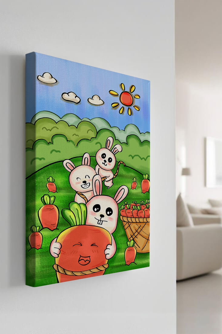 Illustration de lapins espiègles avec des carottes dans un champ ensoleillé