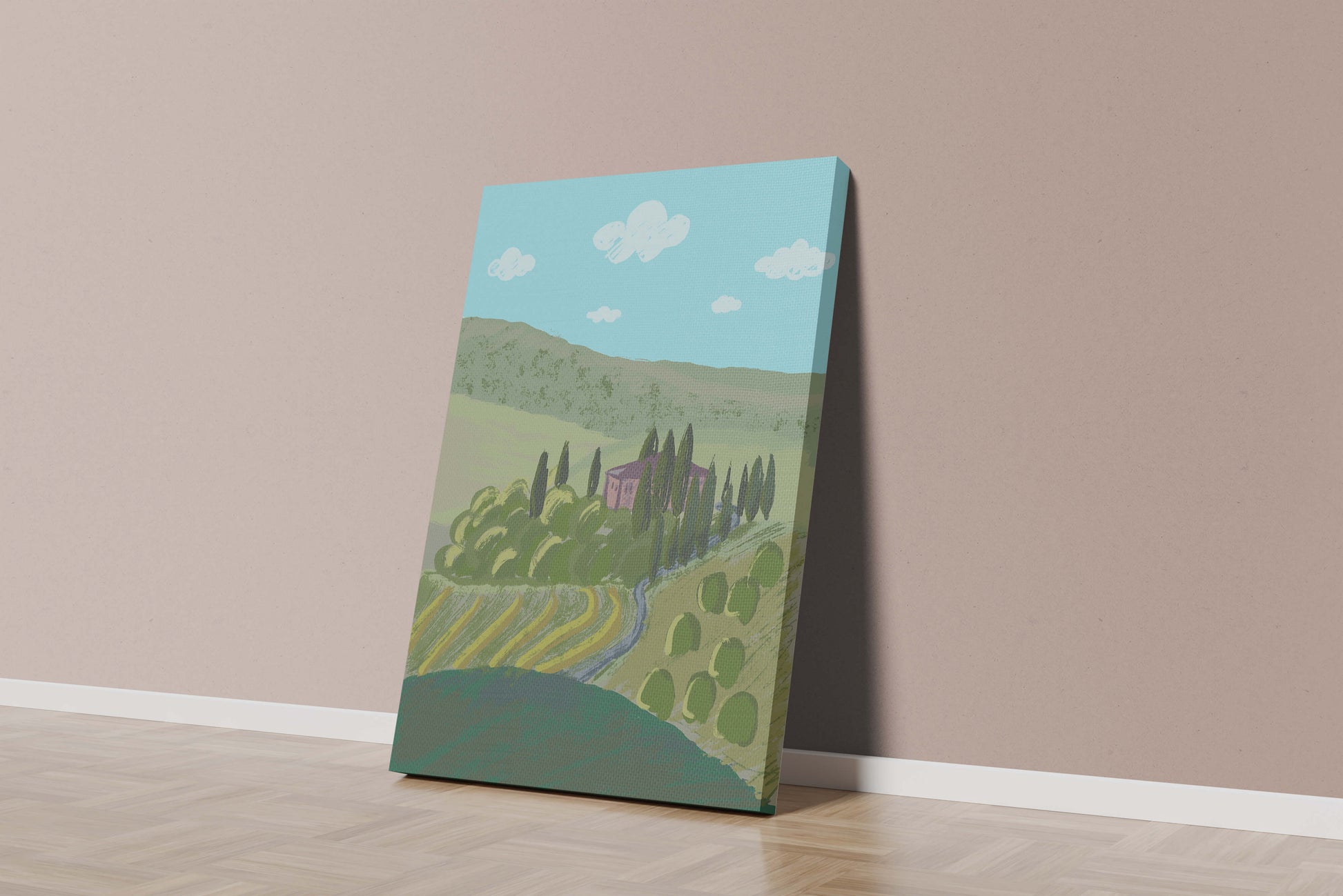 Charming Tuscan Countryside Landscape with Rolling Hills and Cypress Trees