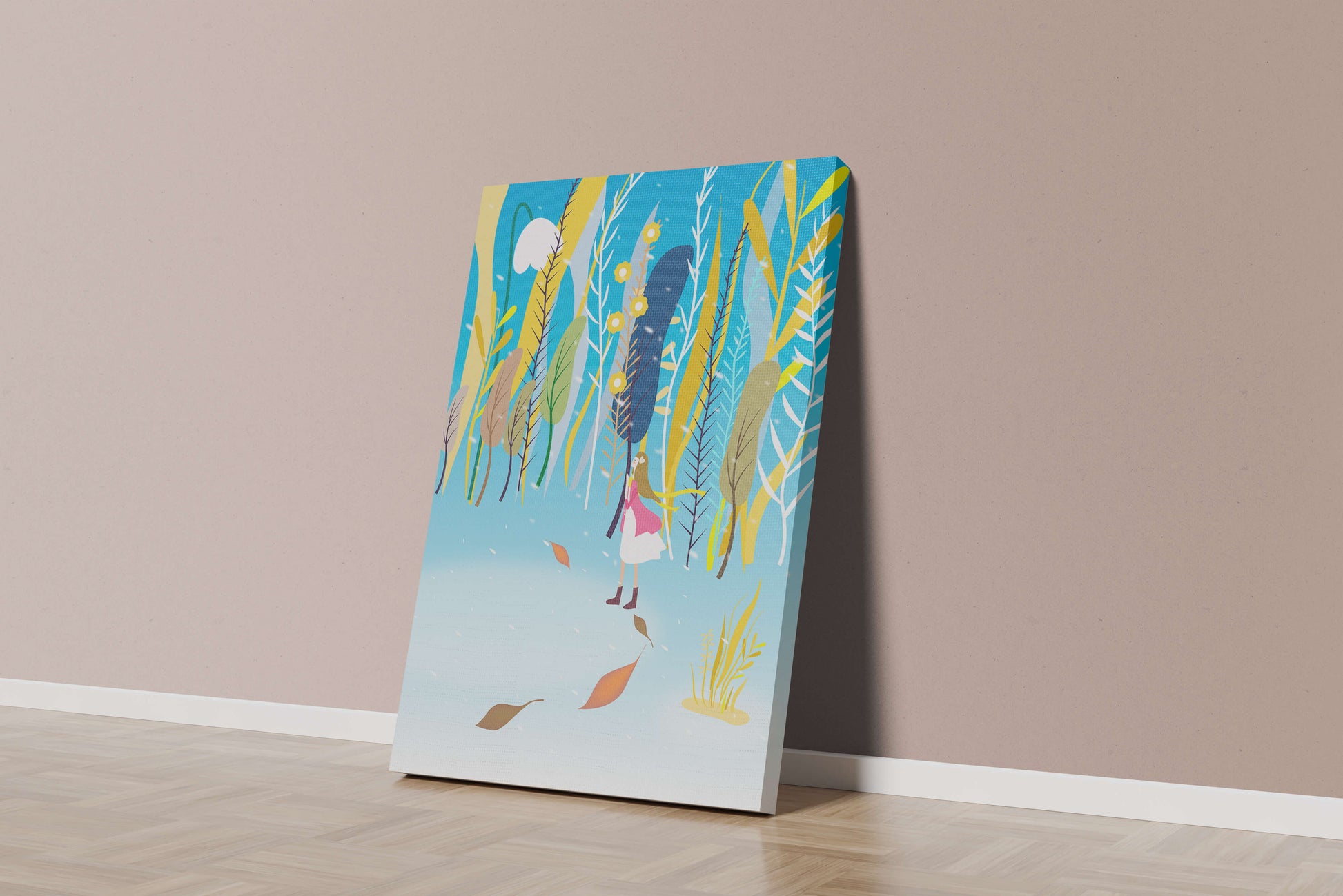 Ilustración caprichosa de una niña en un bosque abstracto vibrante